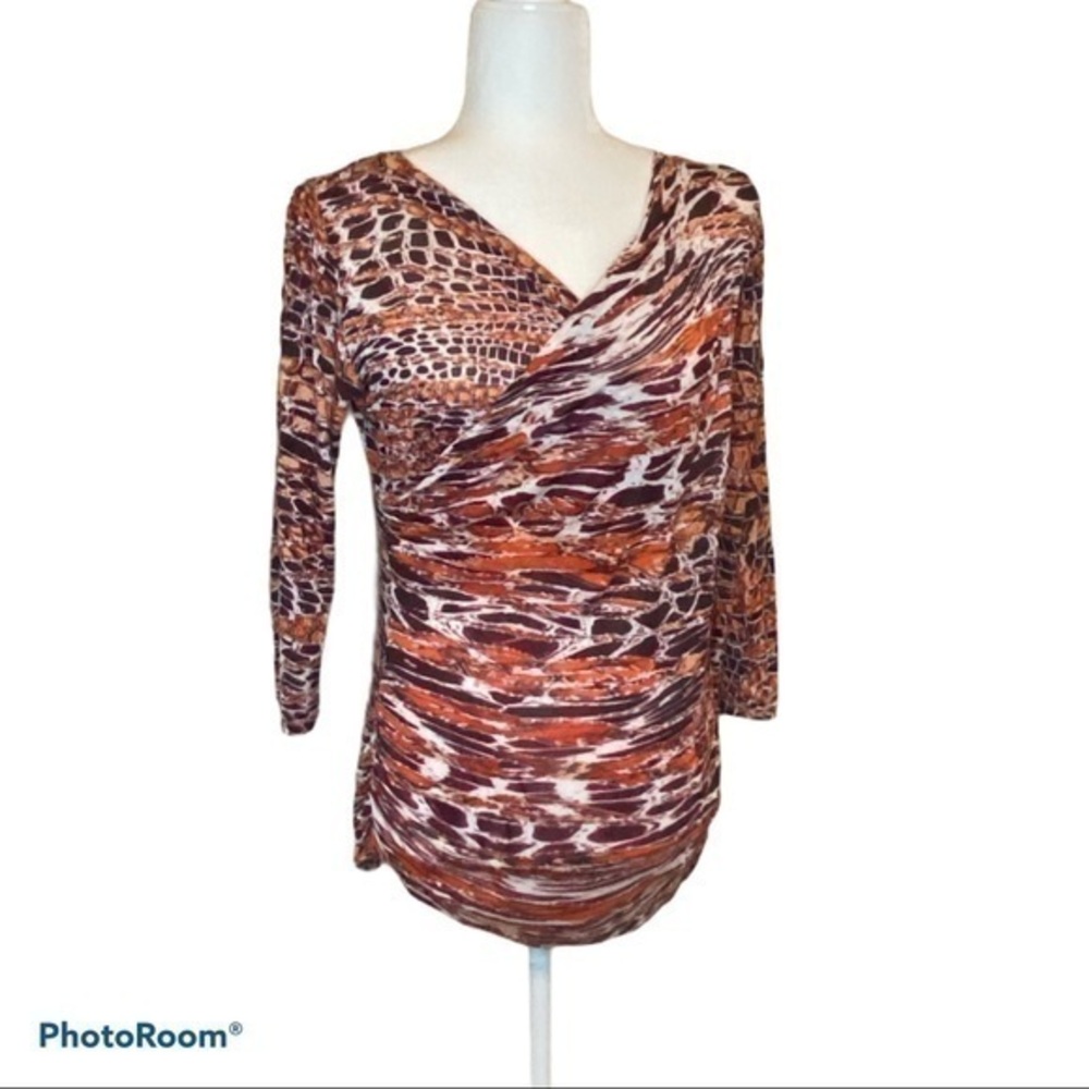 NEW DIRECTIONS Top Shirt Size L Orange Brown White Stretch